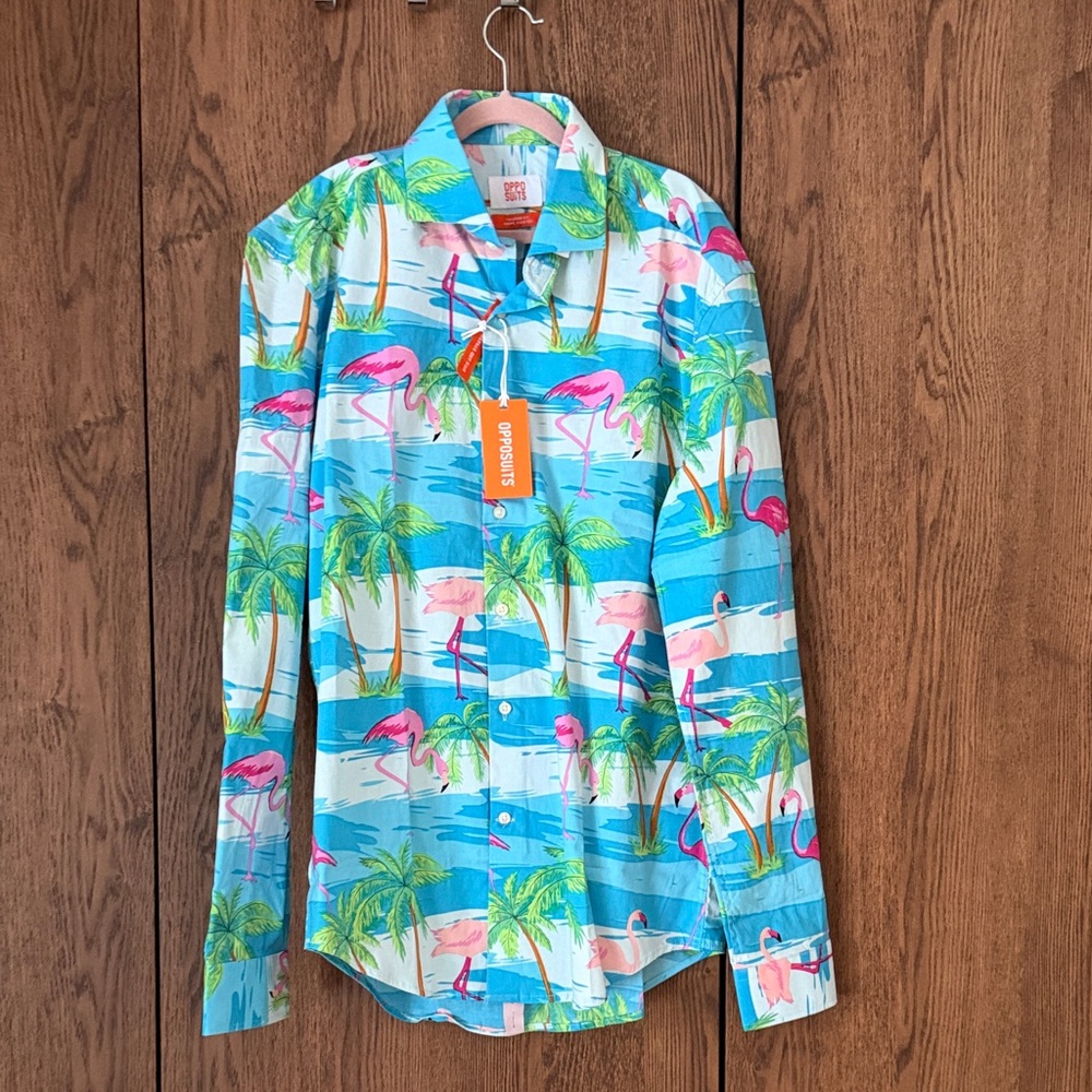 OppoSuits Blue and Pink Flamingo Print Shirt